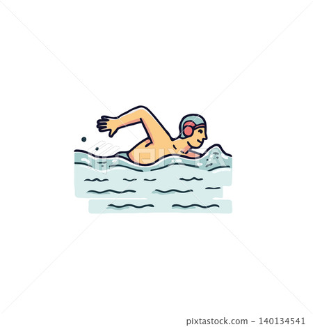 An illustration displays a water polo athlete demonstrating strong swimming prowess. The player is in motion, helmeted and prepared, immersed in the water during an action-packed match. The drawing An illustration displays a water polo athlete demonstrating strong swimming prowess. The player is in motion, helmeted and prepared, immersed in the water during an action-packed match. The drawing 140134541