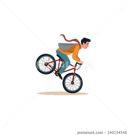 A young man rides a bicycle with confidence and determination, popping a wheelie to show off his daring spirit. This is a dynamic illustration that captures the essence of urban adventure and the A young man rides a bicycle with confidence and determination, popping a wheelie to show off his daring spirit. This is a dynamic illustration that captures the essence of urban adventure and the 140134548