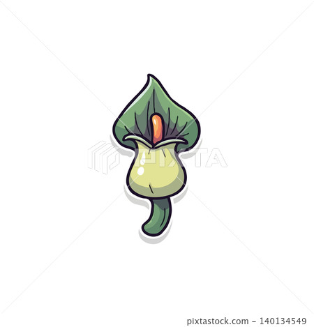 A stylized illustration showcases a calla lily, distinguished by its vibrant green leaf and a yellowish-white bloom with an orange stamen. The design emphasizes simplicity and floral elements, A stylized illustration showcases a calla lily, distinguished by its vibrant green leaf and a yellowish-white bloom with an orange stamen. The design emphasizes simplicity and floral elements, 140134549