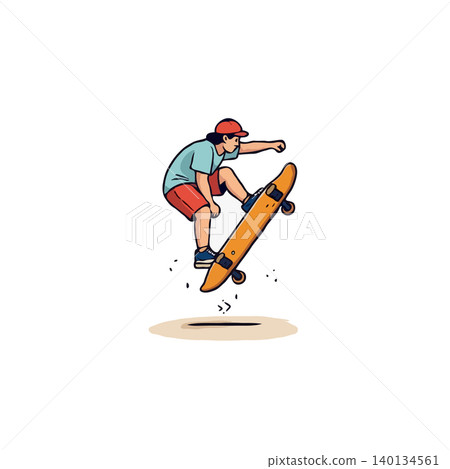 A vibrant illustration portrays a skateboarder executing an impressive mid-air trick. The dynamic composition captures youthful energy and the spirit of recreation. The illustration highlights the A vibrant illustration portrays a skateboarder executing an impressive mid-air trick. The dynamic composition captures youthful energy and the spirit of recreation. The illustration highlights the 140134561