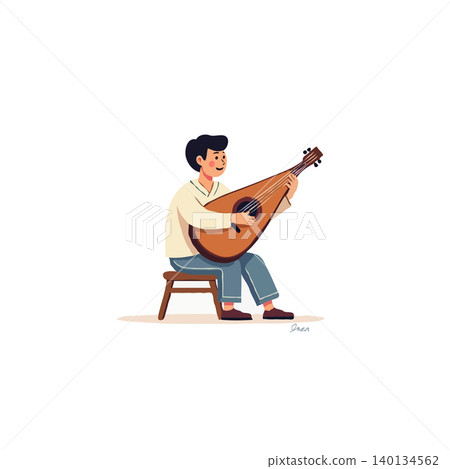 An illustrated image of a cartoon-style person playing a lute-like stringed instrument. The individual sits comfortably on a wooden stool, immersed in the music. This depiction emphasizes calmness, An illustrated image of a cartoon-style person playing a lute-like stringed instrument. The individual sits comfortably on a wooden stool, immersed in the music. This depiction emphasizes calmness, 140134562