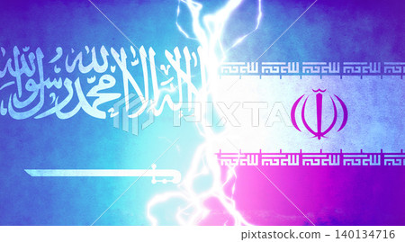 Illustration depicting conflict between nations (politics, war, tension) / Saudi Arabia vs. Iran Illustration depicting conflict between nations (politics, war, tension) / Saudi Arabia vs. Iran 140134716