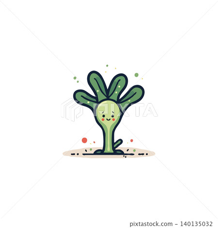 A delightful cartoon plant showcases an endearing smile, embodying the joyful spirit of nature and growth. Its simple yet vibrant design, enhanced by clean lines, communicates cheerfulness and 140135032