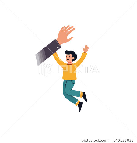 Illustration displaying a person joyfully leaping towards their aspirations, supported by a guiding hand symbolizing mentorship or assistance, representing empowerment and the pursuit of ambitions 140135033
