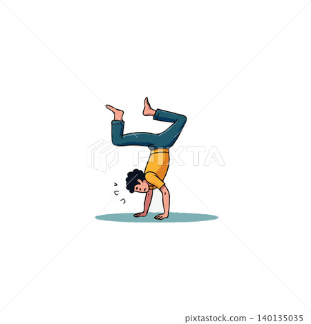 A whimsical cartoon illustration showcases a man in a handstand, perfectly demonstrating balance and strength. The image embodies a healthy lifestyle, emphasizing physical fitness and the 140135035