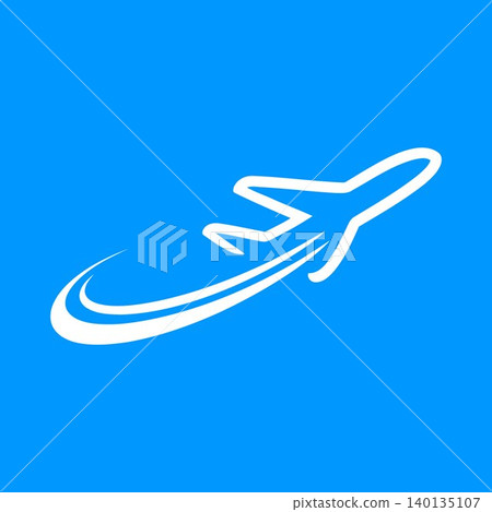 Airplane icon in white minimalist line art style on blue background for travel and transportation Airplane icon in white minimalist line art style on blue background for travel and transportation 140135107