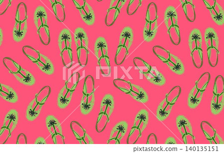 Green T-strap sandals seamless repeat pattern on pink background in hand drawn line art style Green T-strap sandals seamless repeat pattern on pink background in hand drawn line art style 140135151