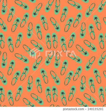Teal flip-flop sandal tossed repeat pattern on orange background in hand-drawn line art style Teal flip-flop sandal tossed repeat pattern on orange background in hand-drawn line art style 140135201