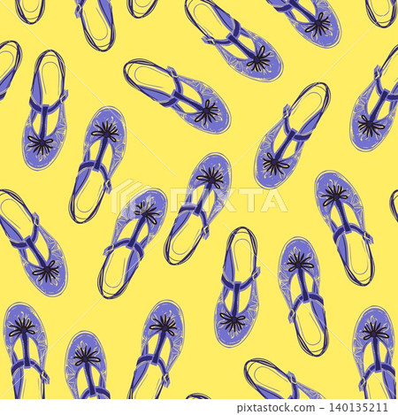 Purple flip-flop sandal tossed repeat pattern in hand-drawn line art style for textile print Purple flip-flop sandal tossed repeat pattern in hand-drawn line art style for textile print 140135211