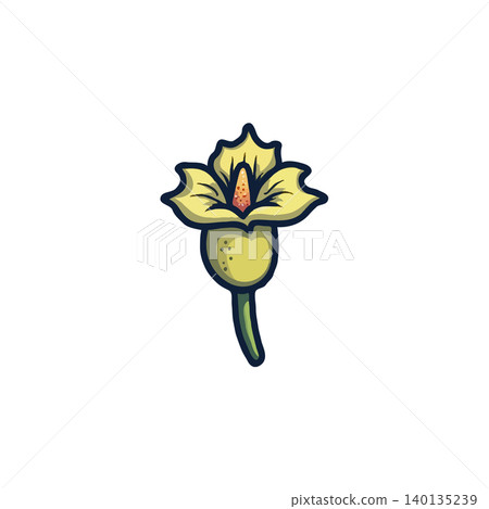 A precise botanical illustration features a stylized flower, highlighting layered petals and a unique stigma. The design emphasizes a bulbous base and a slender stem, creating a distinct and A precise botanical illustration features a stylized flower, highlighting layered petals and a unique stigma. The design emphasizes a bulbous base and a slender stem, creating a distinct and 140135239