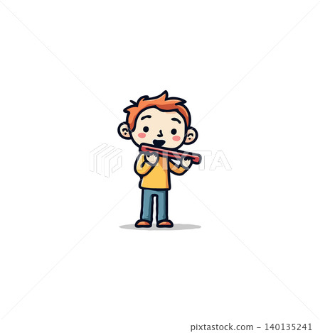 A delightful cartoon illustration depicts a young boy with vibrant orange hair playing a simple flute. The character exudes innocence and charm, focused on creating beautiful music with his A delightful cartoon illustration depicts a young boy with vibrant orange hair playing a simple flute. The character exudes innocence and charm, focused on creating beautiful music with his 140135241
