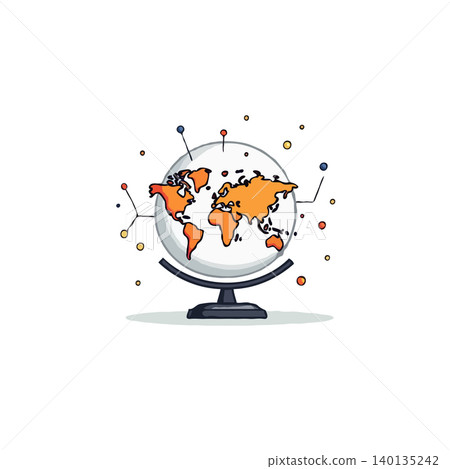 Illustration of a stylized world globe, emphasizing the interconnectedness of the world through a network design. The globe features orange continents against a white sphere, highlighting global Illustration of a stylized world globe, emphasizing the interconnectedness of the world through a network design. The globe features orange continents against a white sphere, highlighting global 140135242