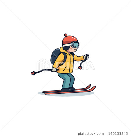 A cartoon illustration depicts a cheerful young skier wearing a yellow jacket, red hat, and goggles, skiing downhill. The person carries a backpack, uses ski poles, and enjoys a fun, exhilarating A cartoon illustration depicts a cheerful young skier wearing a yellow jacket, red hat, and goggles, skiing downhill. The person carries a backpack, uses ski poles, and enjoys a fun, exhilarating 140135243