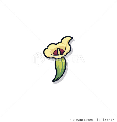 A digitally rendered artwork showcases a cream-colored, flower with an unusual deep colored center, paired with a vibrant green leaf. This single botanical illustration, isolated on a white A digitally rendered artwork showcases a cream-colored, flower with an unusual deep colored center, paired with a vibrant green leaf. This single botanical illustration, isolated on a white 140135247