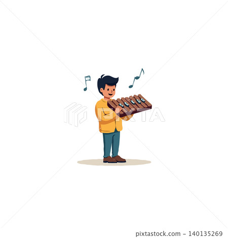 An illustration depicts a young man engrossed in playing a xylophone. Musical notes float above, indicating the joyful melody he is creating. This vibrant image portrays a creative and artistic 140135269