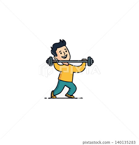 A cheerfully designed cartoon character is depicted lifting a barbell, radiating an aura of strength and determination. This illustration promotes healthy lifestyle choices, portraying the essence A cheerfully designed cartoon character is depicted lifting a barbell, radiating an aura of strength and determination. This illustration promotes healthy lifestyle choices, portraying the essence 140135283