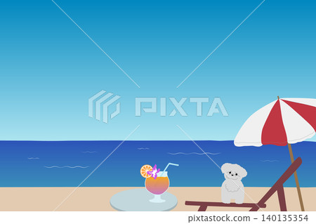 夏日海灘景色,有一隻白狗和熱帶飲品——度假勝地圖片背景。 夏日海灘景色,有一隻白狗和熱帶飲品——度假勝地圖片背景。 140135354