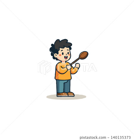 A charming cartoon illustration features a cheerful young boy joyfully holding a wooden spoon. The image suggests cooking, tasting something delicious, or playful kitchen activities, conveying A charming cartoon illustration features a cheerful young boy joyfully holding a wooden spoon. The image suggests cooking, tasting something delicious, or playful kitchen activities, conveying 140135373