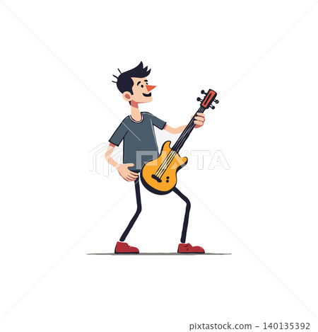 Energetic cartoon musician joyfully playing an electric guitar. The character embodies musical passion and performance, demonstrating his artistry on stage. Illustration showcases musical talent, Energetic cartoon musician joyfully playing an electric guitar. The character embodies musical passion and performance, demonstrating his artistry on stage. Illustration showcases musical talent, 140135392