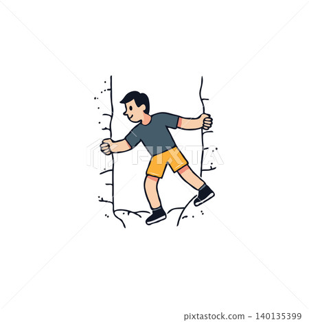 A cheerful illustration portrays a person enthusiastically rock climbing. The character demonstrates strength and determination as they ascend a rugged wall. This vibrant scene captures the essence 140135399