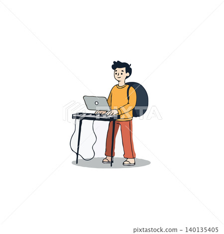 A musician is seen playing keyboard with a laptop while using a portable stand. He's carrying a backpack, indicating movement or travel to a gig. The scene conveys a sense of creative production and A musician is seen playing keyboard with a laptop while using a portable stand. He's carrying a backpack, indicating movement or travel to a gig. The scene conveys a sense of creative production and 140135405