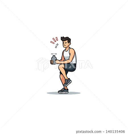 An athletic man with a happy and energetic expression is preparing his post-workout protein shake. He's holding a bottle, indicating a focus on health and active lifestyle. His toned physique and An athletic man with a happy and energetic expression is preparing his post-workout protein shake. He's holding a bottle, indicating a focus on health and active lifestyle. His toned physique and 140135406