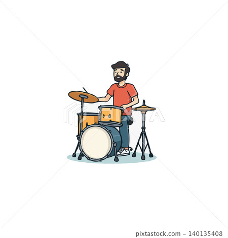 Illustration of a passionate drummer playing a drum set with zeal. The cartoon character embodies musical energy and rhythmic precision, conveying a sense of enjoyment and skillful performance. Illustration of a passionate drummer playing a drum set with zeal. The cartoon character embodies musical energy and rhythmic precision, conveying a sense of enjoyment and skillful performance. 140135408