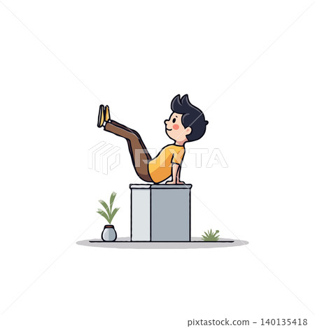 A cartoon-style illustration depicts a male character doing core strengthening exercise on a block outdoors. The character is young and energetic, showcasing a commitment to physical fitness and a A cartoon-style illustration depicts a male character doing core strengthening exercise on a block outdoors. The character is young and energetic, showcasing a commitment to physical fitness and a 140135418