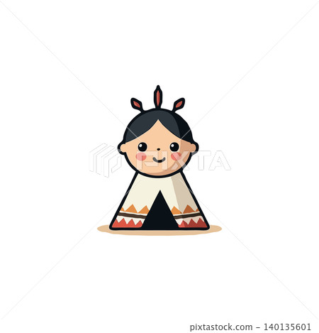 A cute cartoon illustration featuring a child dressed in a teepee costume. The design evokes a cheerful feeling with its smiling face and playful representation of indigenous culture. Symbolic A cute cartoon illustration featuring a child dressed in a teepee costume. The design evokes a cheerful feeling with its smiling face and playful representation of indigenous culture. Symbolic 140135601