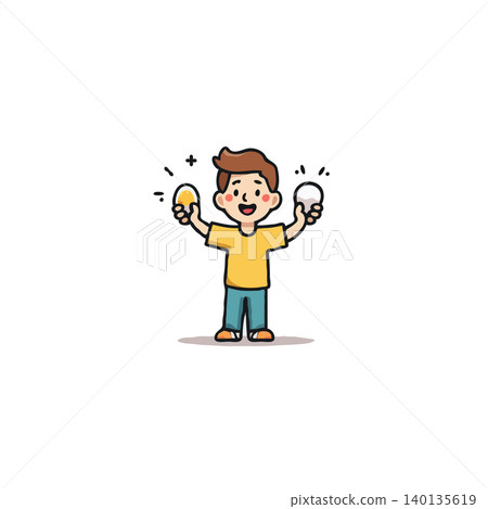 A cheerful cartoon boy enthusiastically presents a golden and a white egg, each radiating sparkles, symbolizing potential, creativity, and joy. The charming illustration captures a sense of youthful A cheerful cartoon boy enthusiastically presents a golden and a white egg, each radiating sparkles, symbolizing potential, creativity, and joy. The charming illustration captures a sense of youthful 140135619