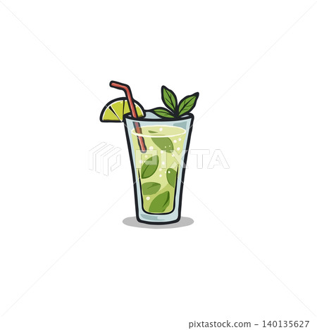 An eye-catching mojito illustration showcasing a refreshing beverage with lime, mint, and a straw. This stylized image captures the essence of summer with its clean lines and vibrant colors. It 140135627