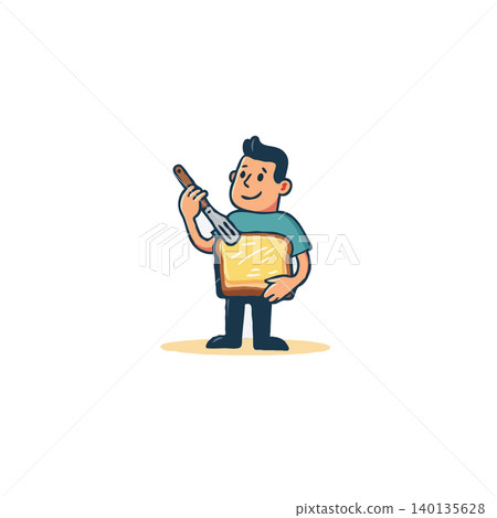 A cartoon baker proudly presents a golden toast slice, holding a spatula. This vibrant illustration symbolizes homemade goodness, offering a delightful image for bakery promotions, breakfast menus, A cartoon baker proudly presents a golden toast slice, holding a spatula. This vibrant illustration symbolizes homemade goodness, offering a delightful image for bakery promotions, breakfast menus, 140135628