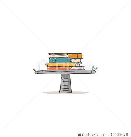 A charming illustration displays a stack of books neatly placed on a cake stand. This stylized image represents the value of learning and knowledge, captured in a simple yet visually appealing A charming illustration displays a stack of books neatly placed on a cake stand. This stylized image represents the value of learning and knowledge, captured in a simple yet visually appealing 140135678