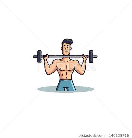 The illustration showcases a muscular man doing weightlifting exercises. He's depicted with defined muscles and a determined expression, demonstrating his strength and commitment to his fitness The illustration showcases a muscular man doing weightlifting exercises. He's depicted with defined muscles and a determined expression, demonstrating his strength and commitment to his fitness 140135716