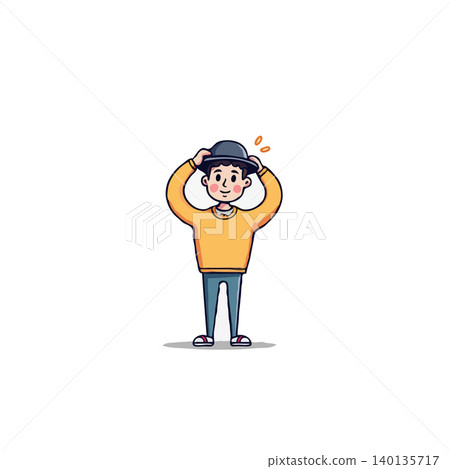 A charming cartoon illustration of a boy putting on a vintage hat. The style is simple and flat with a clean aesthetic, making it ideal for a variety of digital applications. The boy's cheerful A charming cartoon illustration of a boy putting on a vintage hat. The style is simple and flat with a clean aesthetic, making it ideal for a variety of digital applications. The boy's cheerful 140135717