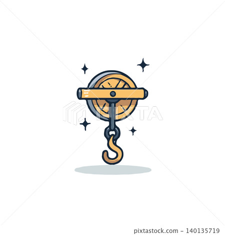 A stylized illustration features a vintage pulley system, complete with a hanging hook. The design is rendered in a playful cartoon style, making it ideal for illustrating physics concepts, A stylized illustration features a vintage pulley system, complete with a hanging hook. The design is rendered in a playful cartoon style, making it ideal for illustrating physics concepts, 140135719