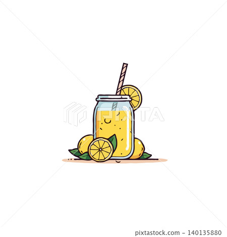 Illustration of freshly squeezed lemonade served in a jar, complemented by fresh lemons. This vibrant and zesty image represents a revitalizing summer beverage. The design is clean and appealing, Illustration of freshly squeezed lemonade served in a jar, complemented by fresh lemons. This vibrant and zesty image represents a revitalizing summer beverage. The design is clean and appealing, 140135880