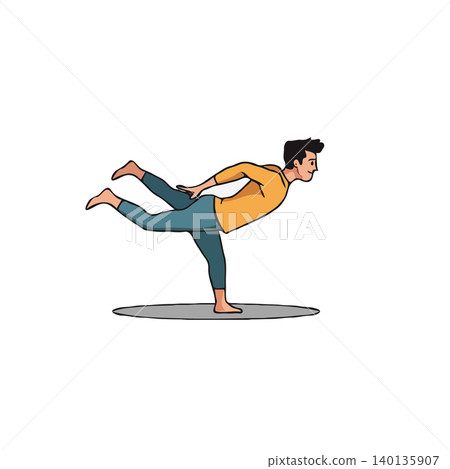 An illustration shows a man expertly holding a balance pose atop a circular platform, emphasizing focus, strength, and physical and mental wellbeing. The graphic art style highlights the An illustration shows a man expertly holding a balance pose atop a circular platform, emphasizing focus, strength, and physical and mental wellbeing. The graphic art style highlights the 140135907