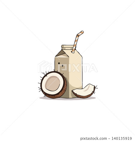 An appealing illustration features a carton of coconut milk with a straw, accompanied by a halved coconut and a coconut slice. Ideal for healthy drink, beverage, vegan options and food advertising An appealing illustration features a carton of coconut milk with a straw, accompanied by a halved coconut and a coconut slice. Ideal for healthy drink, beverage, vegan options and food advertising 140135919
