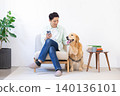 Pet: Golden Retriever - A man relaxing with his dog in the living room. 140136101