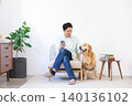 Pet: Golden Retriever - A man relaxing with his dog in the living room. 140136102