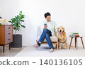 Pet: Golden Retriever - A man relaxing with his dog in the living room. 140136105