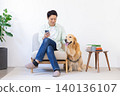 Pet: Golden Retriever - A man relaxing with his dog in the living room. 140136107