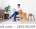 Pet: Golden Retriever - A man relaxing with his dog in the living room. 140136109
