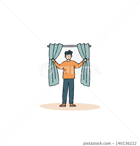 Illustration of a man opening or closing mint green curtains, signifying a reveal or privacy. The clean lines and minimalist design create a modern, tranquil scene, ideal for representing interior Illustration of a man opening or closing mint green curtains, signifying a reveal or privacy. The clean lines and minimalist design create a modern, tranquil scene, ideal for representing interior 140136222
