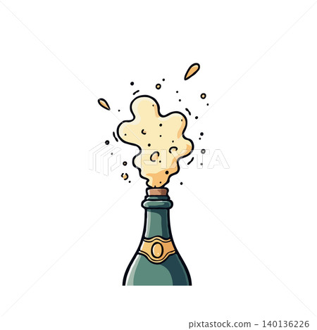 An illustrated champagne bottle bursts open, creating a celebratory spray of sparkling bubbles. The whimsical design evokes feelings of joy, excitement, and festive cheer, ideal for representing 140136226