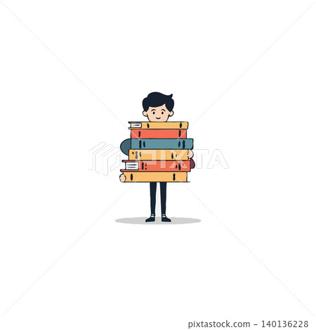 A cartoon illustration shows a student struggling to carry a large stack of books, emphasizing the challenges and responsibilities of academic pursuits. The simple design and clean background focus A cartoon illustration shows a student struggling to carry a large stack of books, emphasizing the challenges and responsibilities of academic pursuits. The simple design and clean background focus 140136228