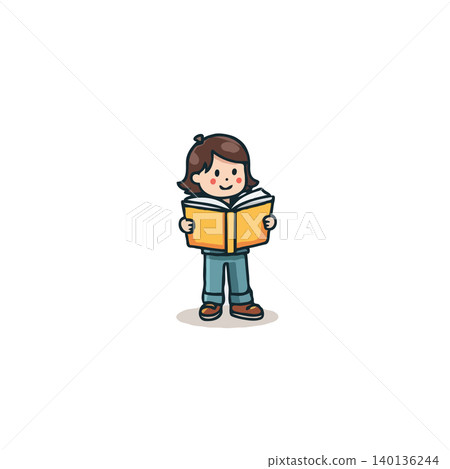 A cute cartoon illustration showing a happy young girl reading an open book. She is portrayed in a cheerful and attentive manner, lost in the pages of her book, symbolizing the joys of reading and A cute cartoon illustration showing a happy young girl reading an open book. She is portrayed in a cheerful and attentive manner, lost in the pages of her book, symbolizing the joys of reading and 140136244