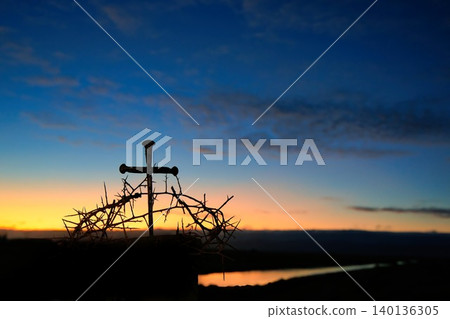 Crown of Thorns and Nails Cross with Dawn Sky Crown of Thorns and Nails Cross with Dawn Sky 140136305