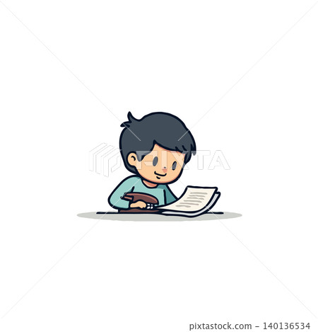 A delightful cartoon illustration shows a young boy absorbed in studying documents at his desk. With focused determination, he immerses himself in learning, demonstrating dedication and a thirst for A delightful cartoon illustration shows a young boy absorbed in studying documents at his desk. With focused determination, he immerses himself in learning, demonstrating dedication and a thirst for 140136534
